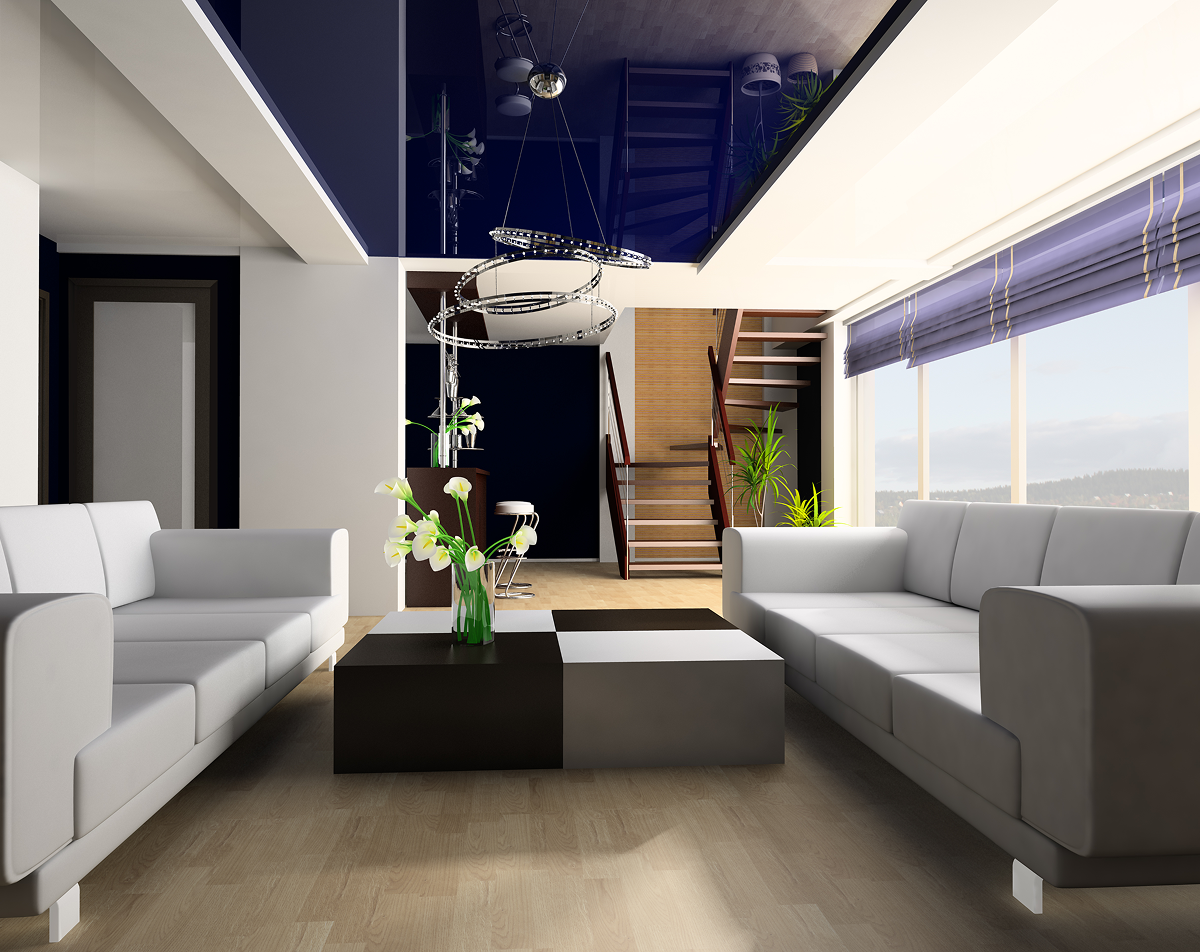 Contemporary interior with staircase and sofas